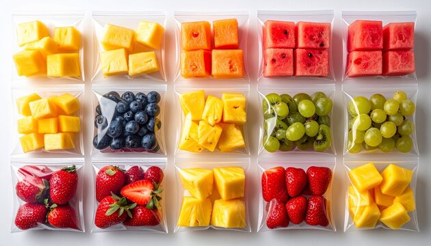 Fresh fruit assortment in sealed bags, ready for healthy snacking and meal preparation