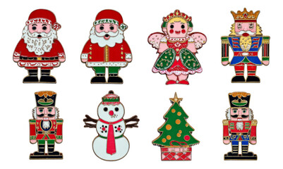 Fototapeta premium Colorful Christmas Characters Including Santa, Nutcracker, Angel, Snowman, and Tree