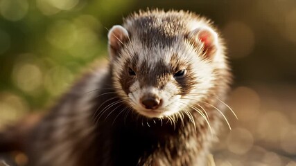 A curious ferret with adorable expression looks directly at the camera while inspecting its surroundings, conveying playful curiosity and inviting viewers to engage with the subjects inquisitive.