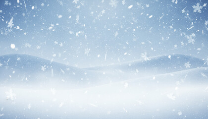 Fototapeta premium Snowfall with icy blue background and layered snowflakes creating soft misty winter scene