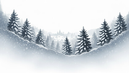 Fototapeta premium Snowy pine tree forest with falling snowflakes and misty winter landscape