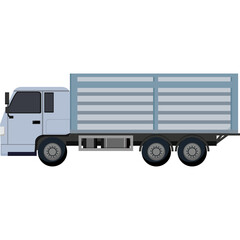Flatbed Truck With Blue Sides and White Cab Driving on a Road During Daytime in a Flat Design Style