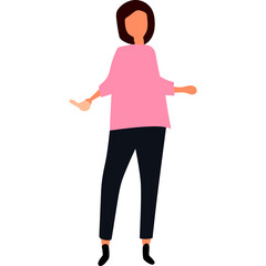 Flat Vector Illustration of a Woman in a Pink Sweater and Black Pants Standing with Arms Slightly Outstretched on a Transparent Background