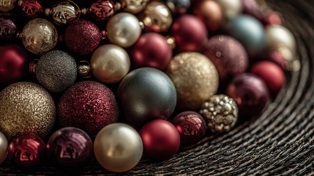 Colorful Christmas Ornaments Arranged on a Textured Surface