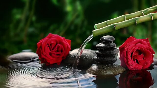 Still life of water flowing over balanced stones with a bamboo spout and roses