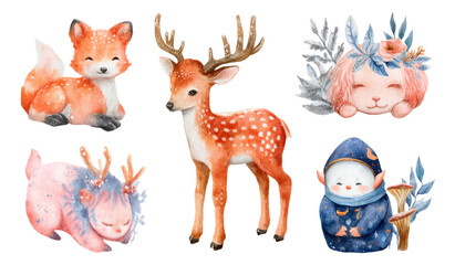 Fototapeta premium Cute Watercolor Animals in Isolated Transparent Background with Soft Colors