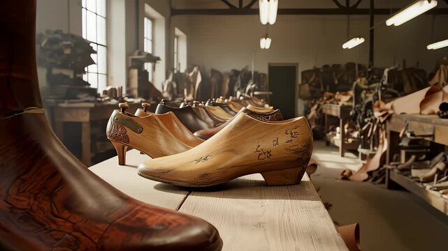Shoes Placed on Table in Shoe Making Industry, Shoe Manufacturing