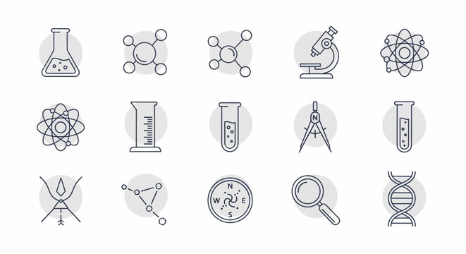 Science and Research Icons - Chemistry, Biology, and Scientific Equipment.