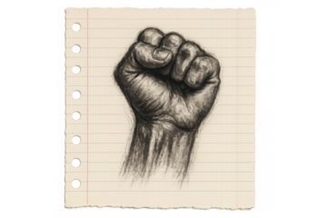 Raised fist drawing symbolizing protest, resistance, power, revolution on lined paper with transparent background