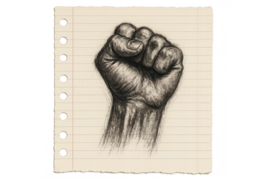 Raised fist drawing symbolizing protest, resistance, power, revolution on lined paper with transparent background