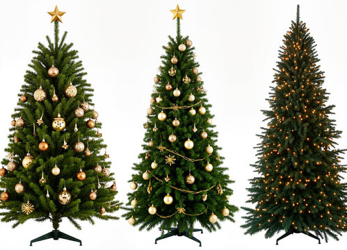Trio of elegant Christmas trees with gold ornaments and warm fairy lights, clean white backdrop