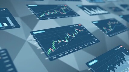Abstract digital financial charts on screens with geometric background - Powered by Adobe