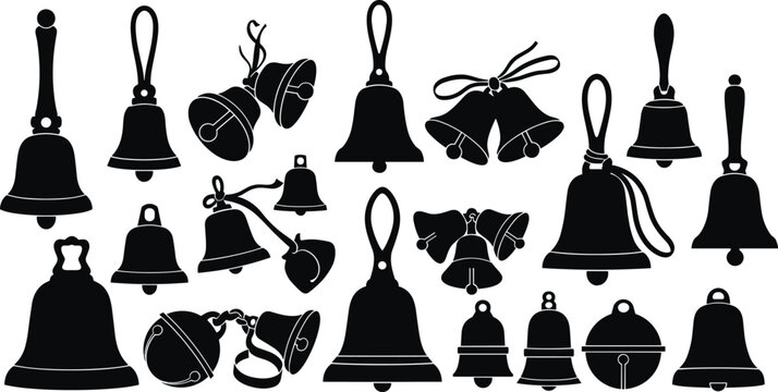 Assortment of festive, musical, and decorative bell silhouettes isolated on white background, Vector, illustration