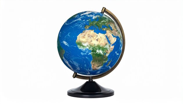 Physical globe showing Africa, Europe, and parts of Asia—mounted on metallic axis with blue oceans and shaded terrain, ideal for educational visuals.