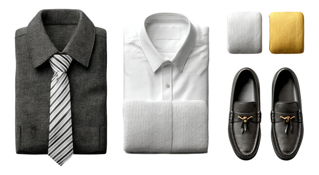 Stylish Business Attire with Accessories Including Shirt, Tie, and Shoes on White Background - Powered by Adobe