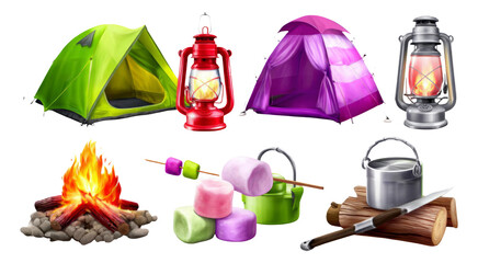 Colorful Camping Gear with Tent, Lantern, Firepit and Marshmallows on Isolated Background