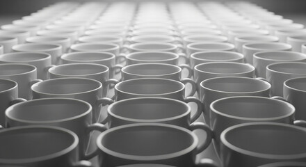 Fototapeta premium Infinite rows of identical white ceramic cups receding to the horizon. A striking, low-angle, monochromatic photograph showcasing a massive quantity of identical, empty white ceramic coffee