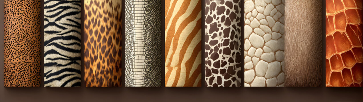 Collection of natural seamless patterns with coat, skin of fur textures of wild exotic animals - zebra, snake, tiger, leopard, giraffe. Flat vector illustration for wrapping paper, textile print.