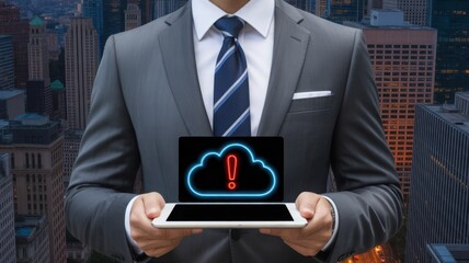 A businessman holding a tablet displaying a cloud with an exclamation mark, symbolizing data security issues and cloud computing