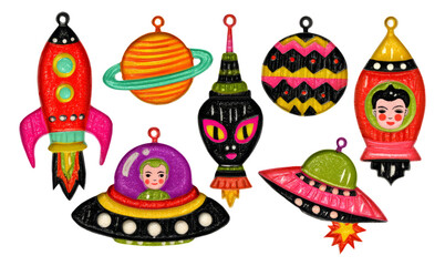 Whimsical Vintage Space Ornaments with Colorful Rockets, Planets, and Aliens