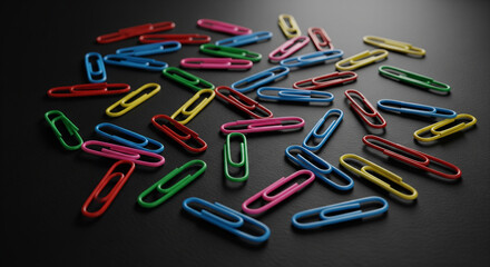 Scattered Office Essentials: Colorful Paper Clips on Dark Surface
A high-quality, evenly lit studio shot features a collection of approximately thirty classic oval paper clips scattered randomly acros