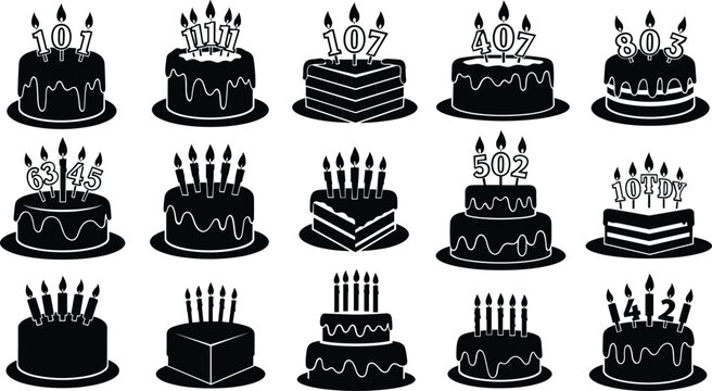 Collection of birthday cake vector icons with candles and numbers isolated on white background, Vector, illustration
