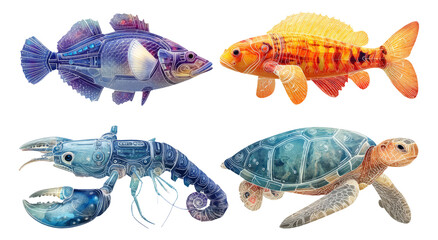 Naklejka premium Colorful Isolated Marine Life Illustrations with Transparent Background