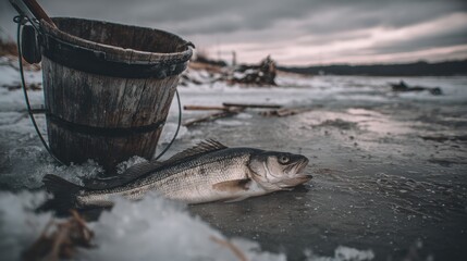 Fototapeta premium Winter Catch of Fresh Fish Near a Bucket on Ice by a Frozen Lake During Cloudy Weather