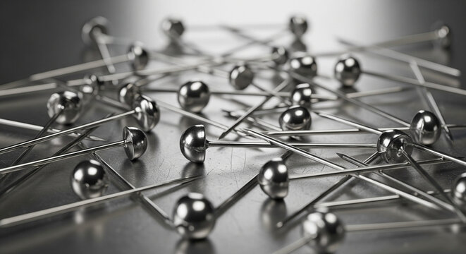 Metallic pins interconnected, forming a complex web of modern technology.
A high-contrast, black and white or grayscale close-up shot of numerous shiny, metallic