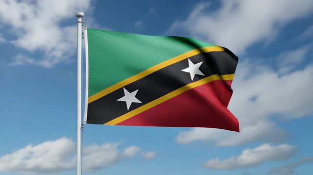 Saint Kitts and Nevis flag waving proudly against a beautiful blue sky with fluffy clouds creating a dynamic patriotic scene