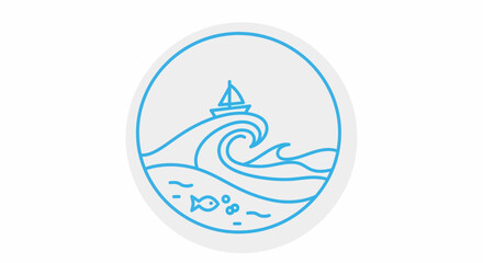 Minimalist blue line art of a sailboat on a large wave.