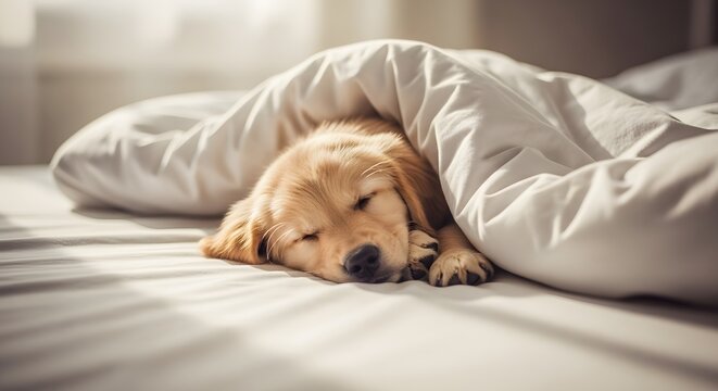 Cozy Puppy Slumber: A serene golden retriever puppy enjoys a peaceful nap, snuggled beneath a soft blanket in a warm, sunlit room.
