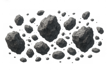 Asteroids floating in space, fragments of rock and debris creating a hazardous environment, transparent background for easy use