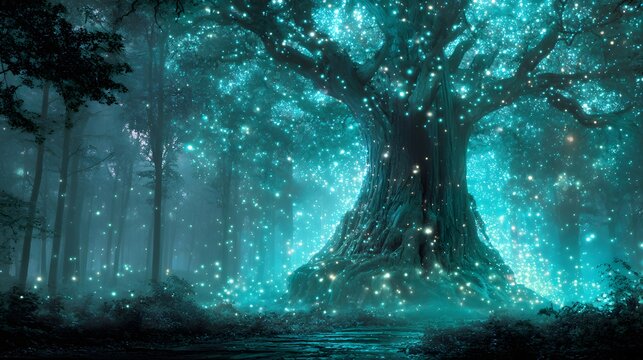 Magical ancient tree radiates brilliant glowing orbs within a dense forest setting