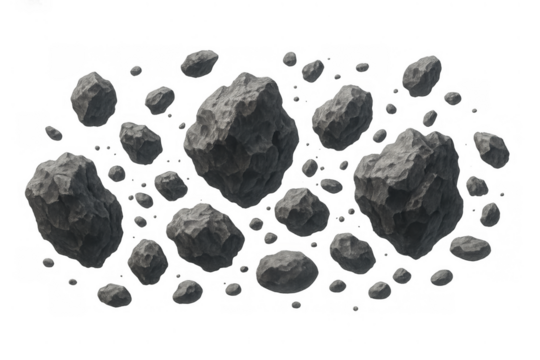 Asteroids floating in space, fragments of rock and debris creating a hazardous environment, transparent background for easy use