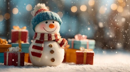 Cute Snowman with Colorful Christmas Gifts in Snowfall