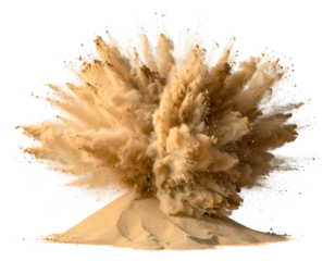 Desert sand bursts outwards from a central point