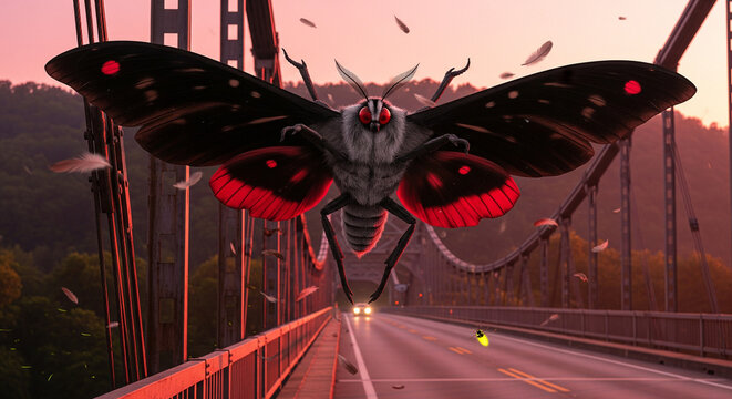 Enormous Black Moth with Red Eyes Hovers Over Bridge
A stunning, dramatic digital illustration capturing the legendary "Mothman" creature hovering menacingly over a rural steel truss bridge