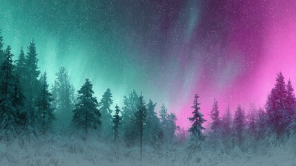 Colorful Aurora Borealis Over Snowy Pine Forest at Night
