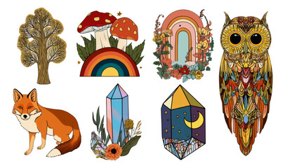 Fototapeta premium Colorful Illustrations of Nature Elements, Animals, and Crystals on Transparent Background