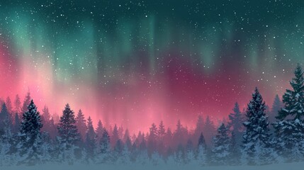 Colorful Aurora Borealis Over Snowy Pine Forest at Night