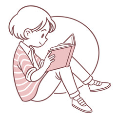 Child reading a book with a pink striped shirt and white background learning education