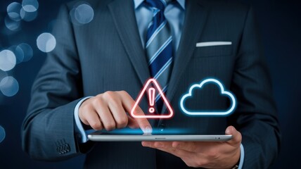 A person is using a digital tablet, with a cloud and warning symbol superimposed on it.