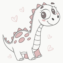 Cute baby dinosaur with pink spots and hearts on white background cartoon illustration