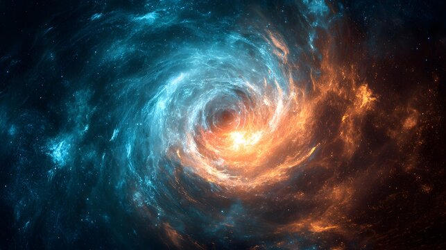 Brilliant celestial clouds swirl dynamically in contrasting blue and orange hues