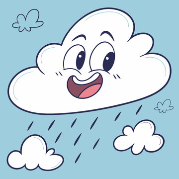 Happy Cartoon Cloud Raining Drops on a Blue Sky Background smiling face