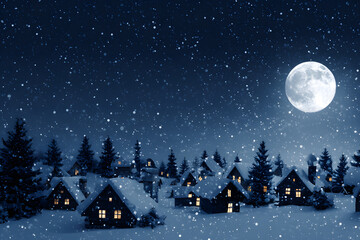 Fototapeta premium Snowy winter village illuminated by a full moon during a heavy snowfall. Christmas concept.