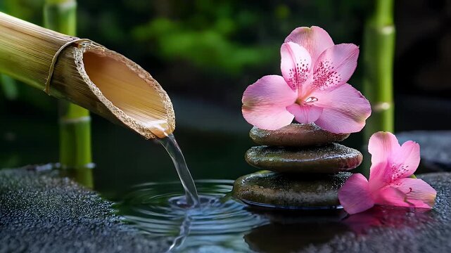 Zen garden harmony bamboo fountain water feature and pink blossom relaxation