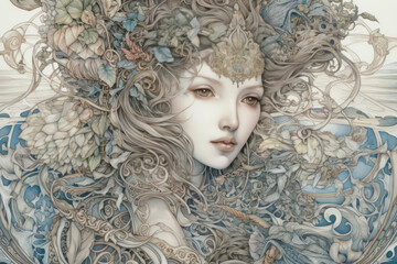 An elegant fantasy portrait of a girl in the Art Nouveau style, surrounded by intricate decorative patterns, flowing lines, and botanical elements 