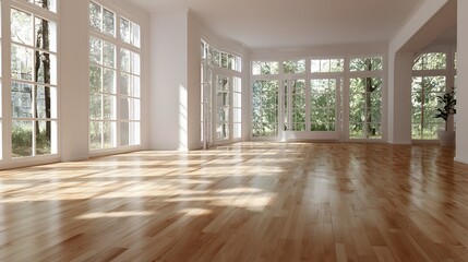 Fototapeta premium Expansive, sunlit interior room features polished hardwood flooring and numerous tall windows showcasing lush exterior greenery